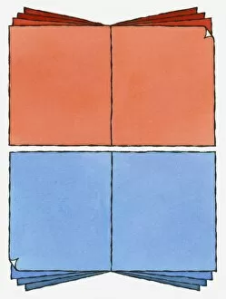 Illustration of blank orange and blue open pages, folded at two corners