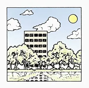 Reflective Prints: Illustration of block of flats and trees reflected in water below