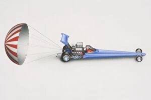Illustration, blue drag racing car with released parachute at the back, side view