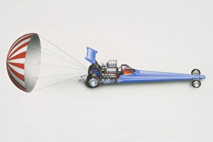 Images Dated 1st August 2006: Illustration, blue drag racing car with released parachute at the back, side view