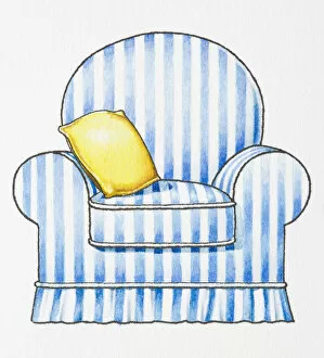 Images Dated 8th March 2008: Illustration of blue and white striped armchair and yellow cushion