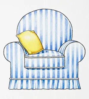 Armchair Prints: Illustration of blue and white striped armchair and yellow cushion