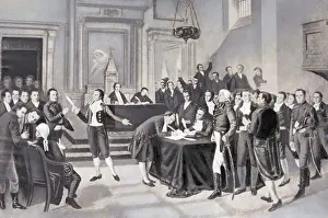 General Prints: Illustration of Bolivar and Miranda Signing Declaration of Independence