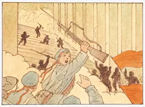 Traditionally Russian Prints: Illustration of bolsheviks gaining control of city during the Russian Revolution