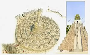 Illustration of Borobodur situated on hill in Java, and Temple of the Giant Jaguar in the Guatemala