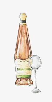 Wineglass Prints: Illustration of bottle of French wine and wine glass