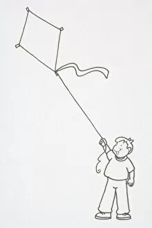 Illustration, boy flying a kite