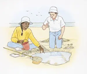 Pre Adolescent Child Prints: Illustration of boy and girl on looking at objects found on beach and in tide pool