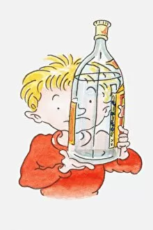 Illustration of boy holding a bottle of alcohol up to his face