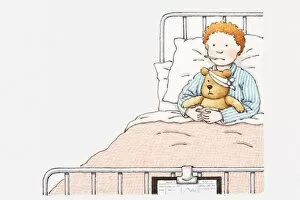 Hospital Collection: Illustration of a boy in hospital bed, with thermometer in his mouth and his arms around a teddy