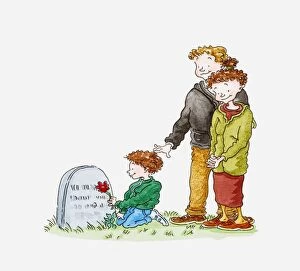 Illustration of boy kneeling in front of a gravestone and holding a flower, a man and woman standing next to him