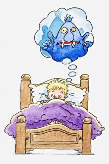 Illustration of a boy lying in bed, thought bubble with monster inside it above his head
