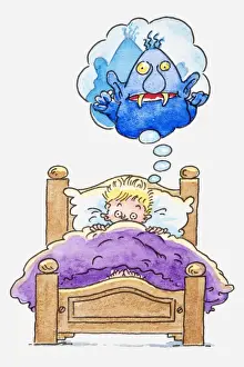 Lying On Back Prints: Illustration of a boy lying in bed, thought bubble with monster inside it above his head