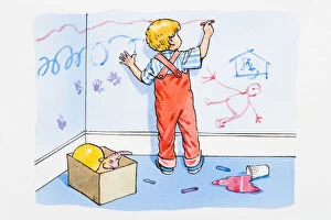 Medium Group Of Objects Gallery: Illustration of boy in messy room scribbling on wall with red crayon