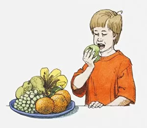 Illustration of boy with open mouth about to take bite out of a green apple