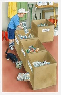 Western Script Gallery: Illustration of boy placing newspaper in paper container, various other recycling containers nearby