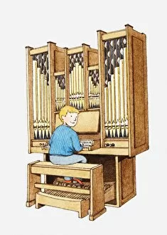 Illustration of boy playing organ