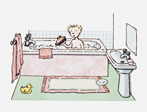 Illustration of boy sitting in bath tub, holding a toy boat in his hand Illustration of boy sitting in bath tub, holding a toy boat in his hand
