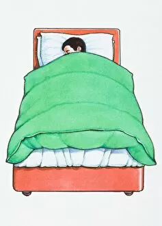 Images Dated 7th March 2008: Illustration of boy sleeping in bed below green duvet