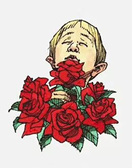 Illustration of boy smelling red rose