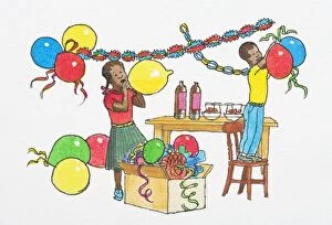 Illustration of boy standing on chair to hang party balloons from streamers and girl inflating balloon