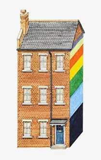 Residential Structure Prints: Illustration of brick house with one side painted in a pattern of colourful stripes