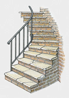 Railing Collection: Illustration of bricks steps with handrail