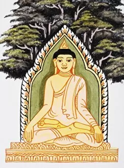 Illustration, Buddha seated in shrine