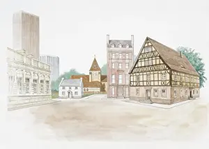 Tudor Prints: Illustration of buildings built from stone, concrete, and wood