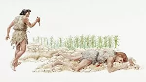 Illustration of Cain brandishing knife near body of his brother Abel lying dead on rocks
