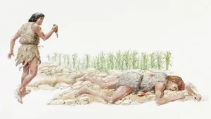 Lying On Front Prints: Illustration of Cain brandishing knife near body of his brother Abel lying dead on rocks