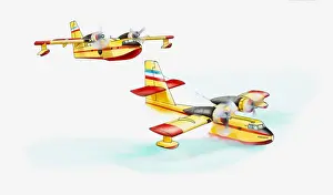 Canadian Prints: Illustration of Canadair CL-215 (Scooper) firefighting plane in mid-air and picking up water