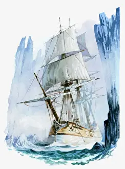 Exploration Prints: Illustration of Captain Cooks ship HMS Resolution in icy waters of Antarctic Circle