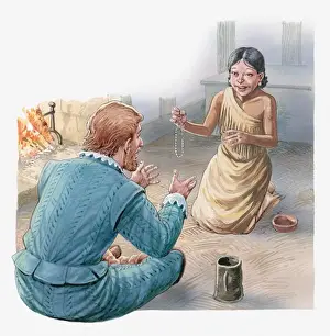 Mid Adult Prints: Illustration of Captain John Smith and Pocahontas talking