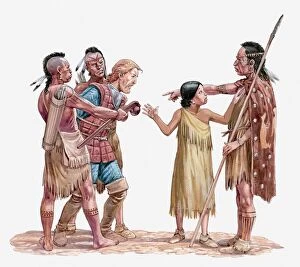 Mythology Gallery: Illustration of Captain Smith being taken prisoner while Pocahontas tries to stop it