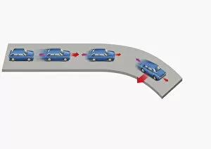 Illustration of a car accelerating around a bend