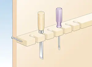 Carpentry Prints: Illustration of carpentry chisel, and screwdriver in batten keyhole slots