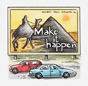 Incidental People Collection: Illustration of cars driving past advertising billboard showing Egyptian pyramids and camel