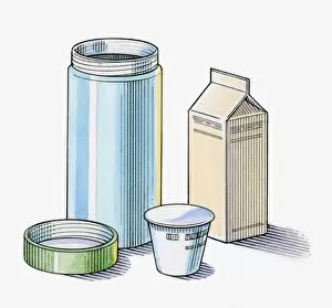 Images Dated 1st October 2009: Illustration of carton of milk, pot of yoghurt, drinks flask. and lid