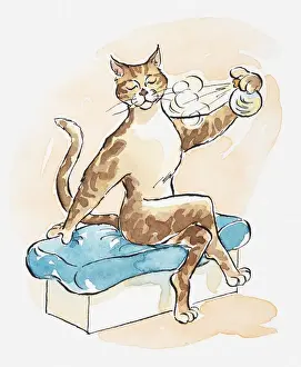 Seat Prints: Illustration, cartoon of a cat spraying its territory with urine