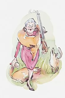 Illustration, cartoon of a woman with a dead fox draped around her neck and holding a smoking shotgun
