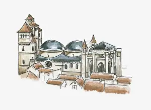 Cahors Prints: Illustration of Cathedrale Saint-Etienne, Cahors, Lot, France
