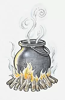Illustration of cauldron on log fire