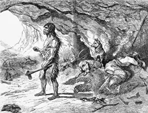 Illustration of Cave Dwellers Outside Their Cave with Dogs