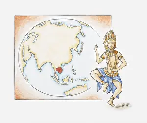 Khmer Prints: Illustration of celestial dancer Apsara in front of map highlighting ancient kingdom of the Khmers
