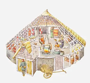 Togetherness Prints: Illustration of a Celtic home showing cooking cauldron hanging on a cross-beam from the wooden frame of the house