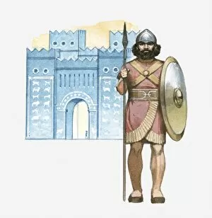 Spear Gallery: Illustration of Chaldean soldier with shield and spear standing in front of Babylons Ishtar Gate