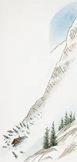 Moving Down Prints: Illustration of chalet sliding down snow-covered mountain during avalanche