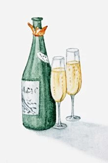 Illustration of champagne bottle and two glasses filled with champagne