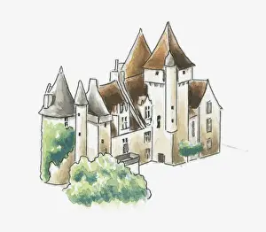 Aquitaine Prints: Illustration of Chateau des Milandes, Dordogne, France